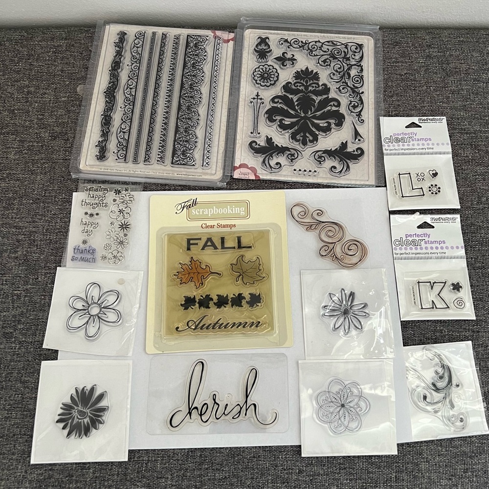 Clear Acrylic Stamp Lot and Stamp Block Lot of 13 Flowers Scrolls Leaves Damask